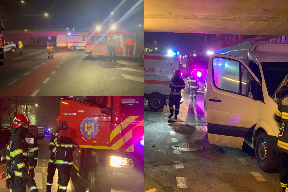 Un microbuz cu 10 persoane s-a izbit de grinda unui pasaj rutier, în Arad. Sunt 6 victime, șoferul a ajuns în spital