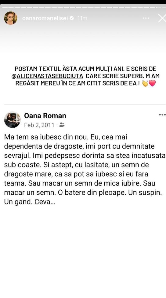 Mesajul postat de Oana Roman pe Instagram