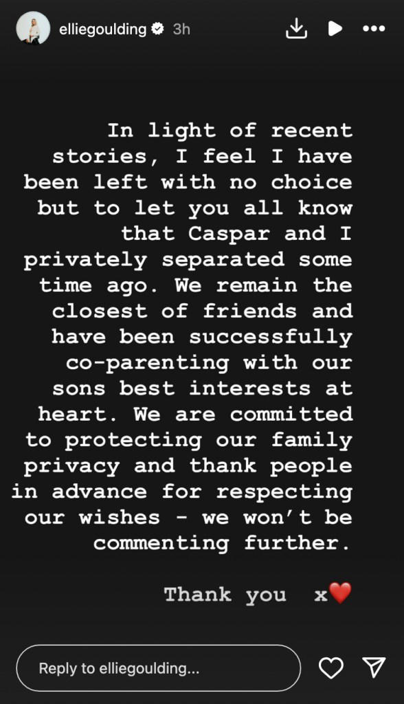 Postarea despre despărțire a lui Ellie. Sursa: Page Six