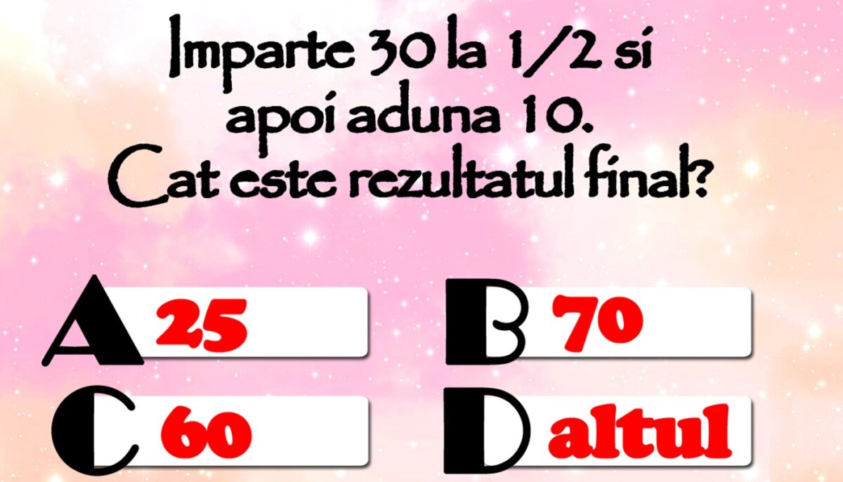 TEST IQ | Împarte 30 la 1/2 și apoi adună 10. Care e rezultatul final?