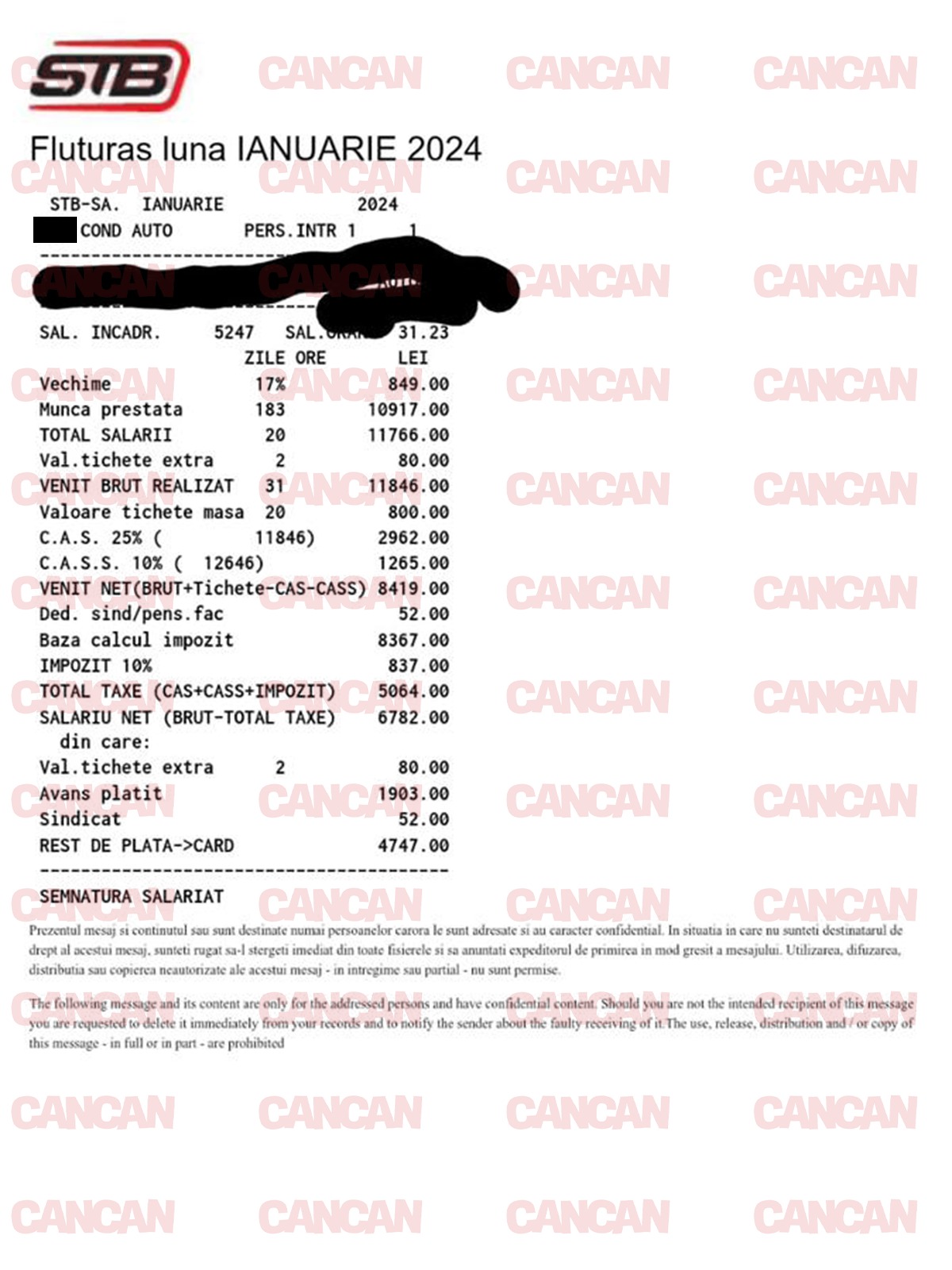 Salariu încasat de un șofer STB în luna ianuarie a acestui an / sursă: Cancan.ro