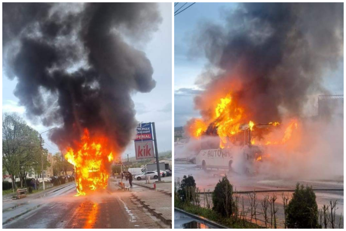 Scene cutremurătoare! Un autobuz plin de copii a luat foc în mers! S-a făcut scrum