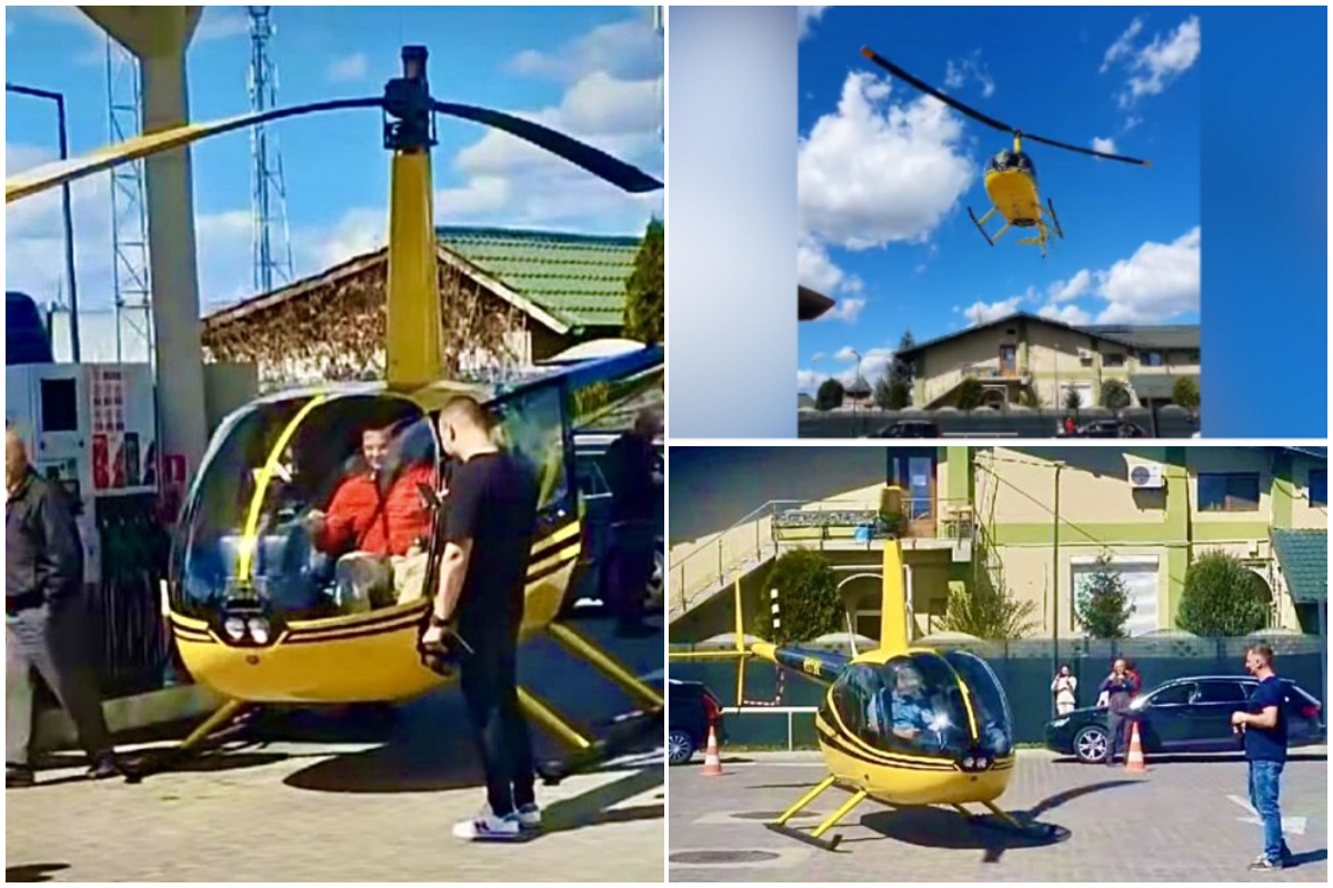 Imagini virale! Un elicopter a aterizat într-o benzinărie în Curtea de Argeș. Localnicii au rămas cu gura căscată: „A băgat GPL de 50 lei!”