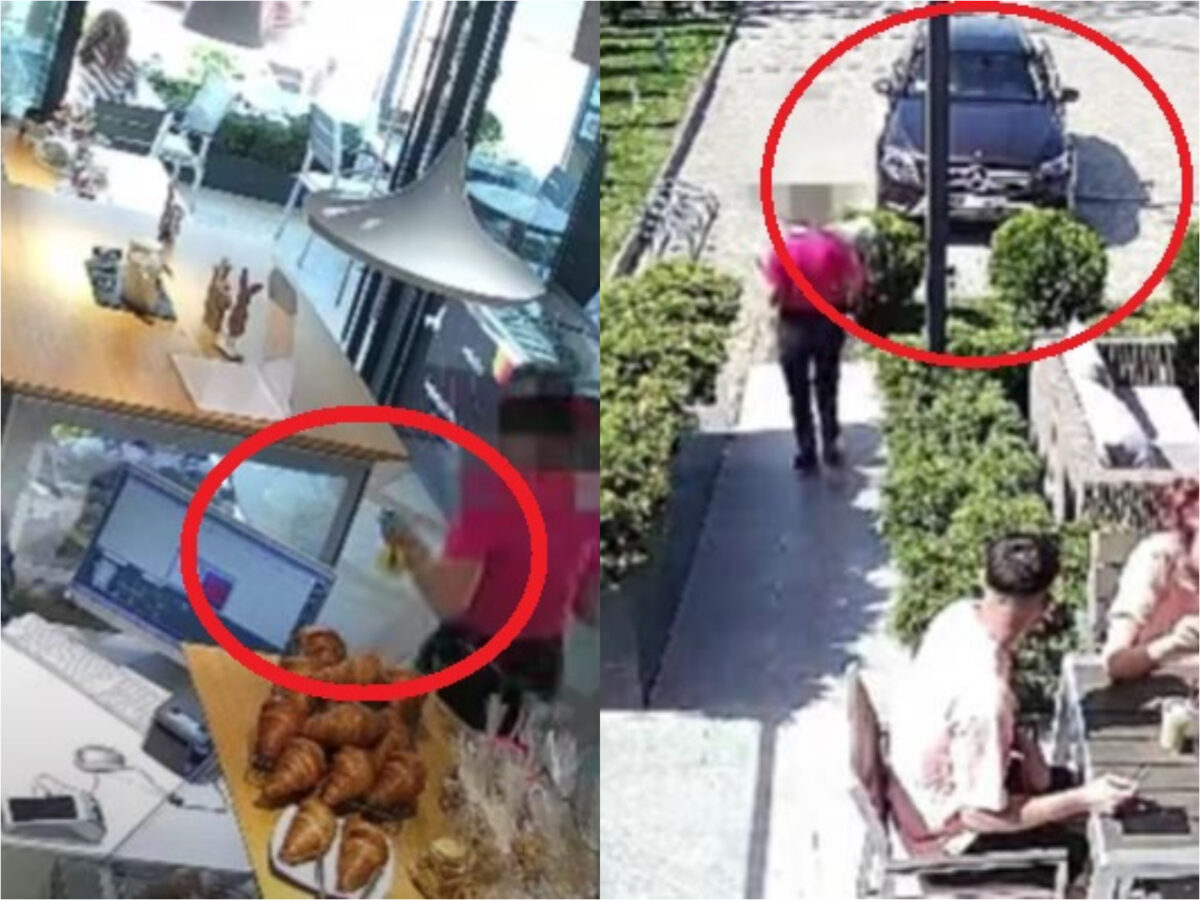 Momentul în care o femeie cu un Mercedes de zeci de mii de euro fură o pușculiță cu 20 de lei dintr-o cofetărie din Sibiu. VIDEO