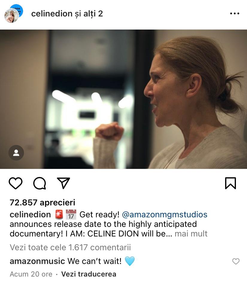 Postarealui Celine Dion în care anunța lansarea documentarului său. Sursa: Instagram