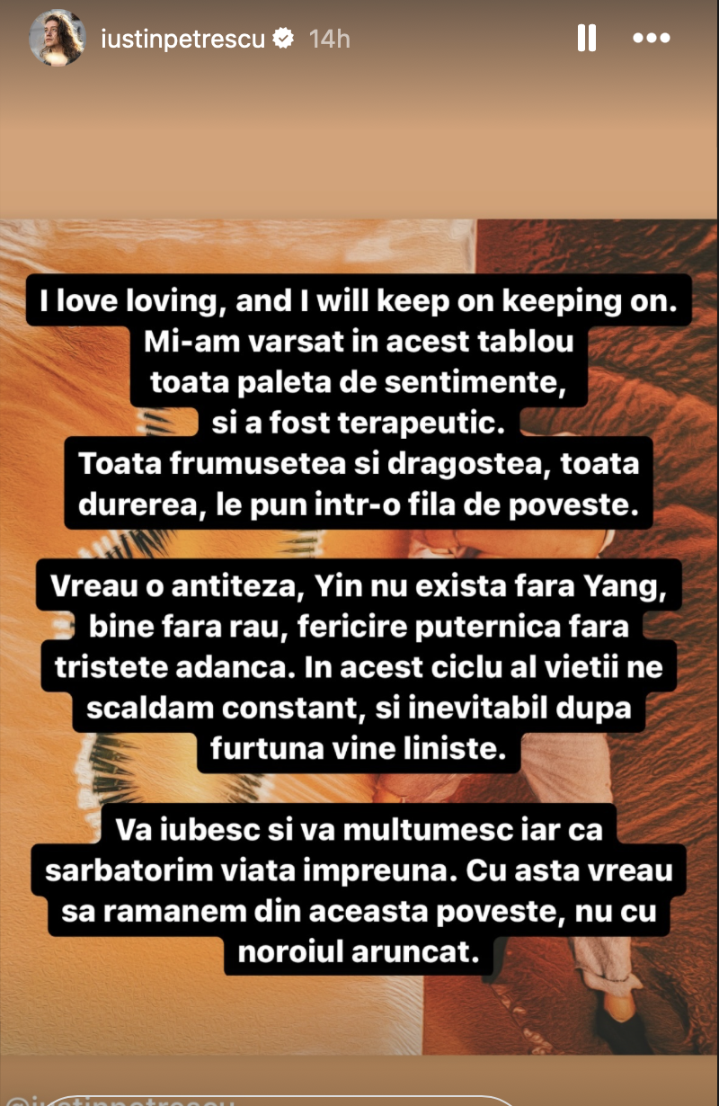 Mesajul trimis de Iustin pe pagina de Instagram/foto: captură Instagram