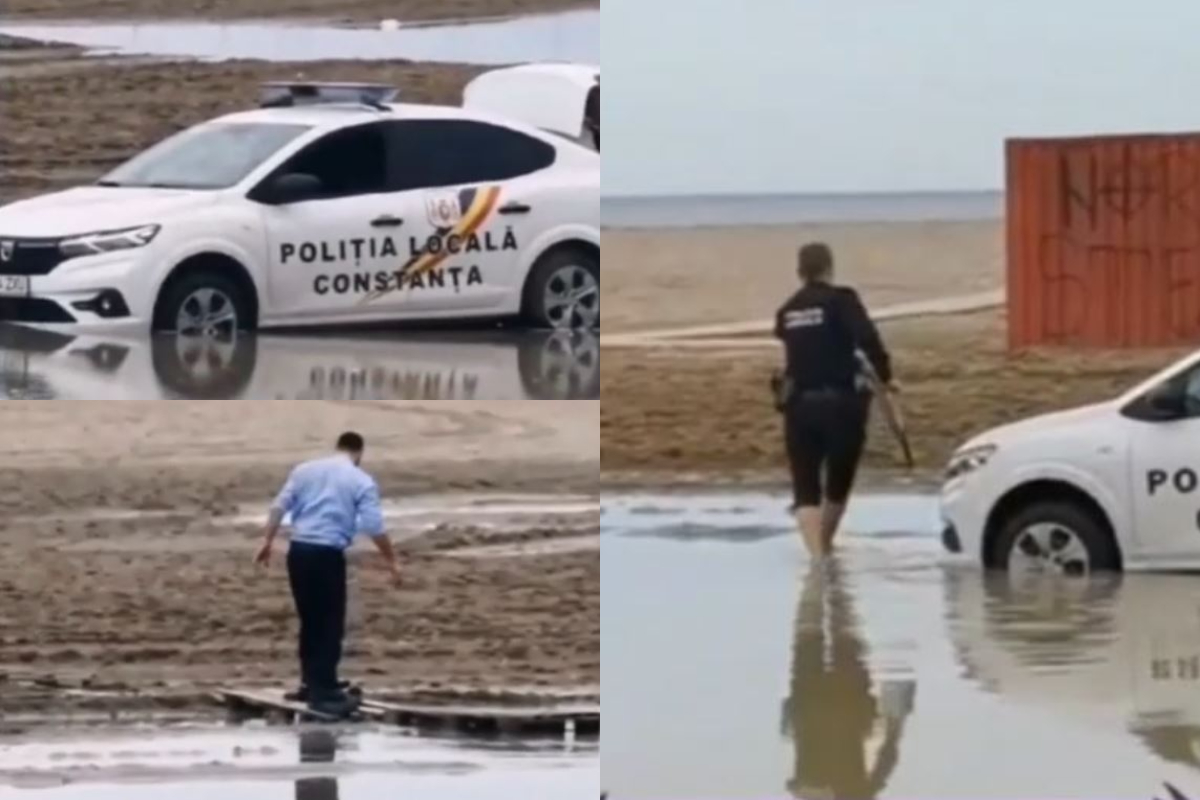 Ei sunt Stan şi Bran din Poliția Română! Unul şi-a suflecat pantalonii ca să poată să scoată maşina împotmolită pe plajă, iar celălalt… VIDEO ireal