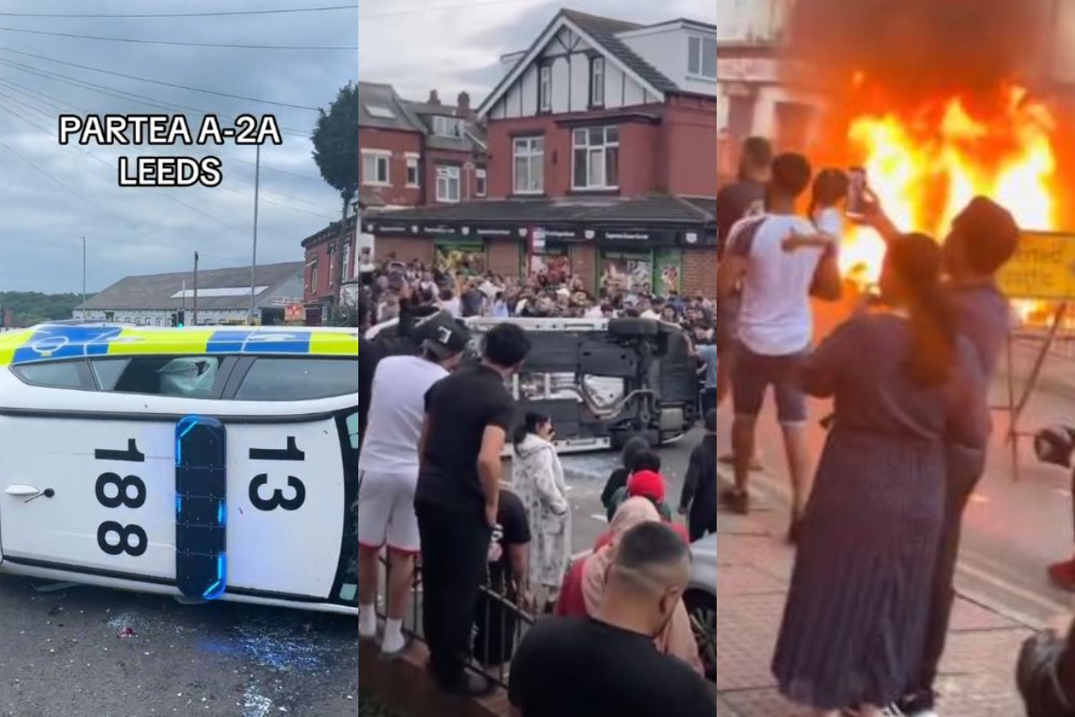 Românii au făcut dezastru în Marea Britanie! Haos pe străzi, au răsturnat o mașină de poliție: „Să vină mascații de la București”
