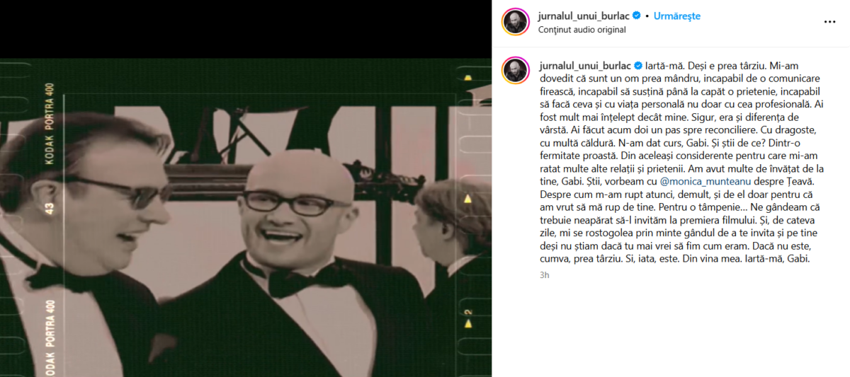 Mesajul lui Mihai Bendeac pentru Gabriel Cotabiță. Sursă foto: Instagram