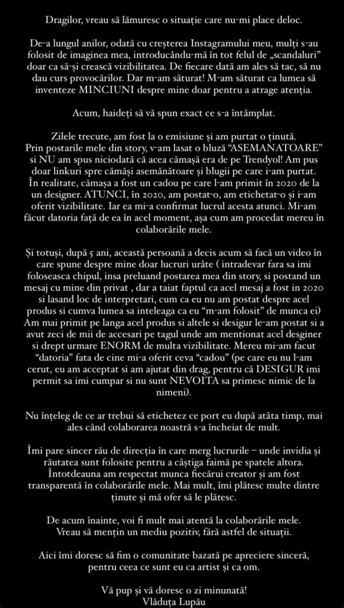 Mesajul transmis de Vlăduța Lupău. Sursă foto: Instagram