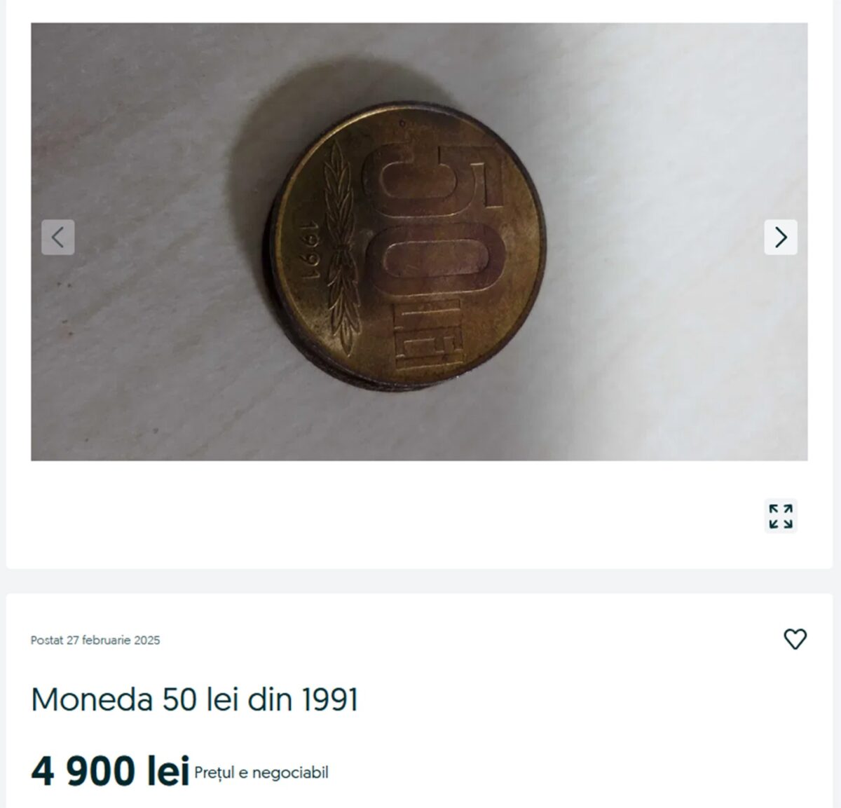 Suma uriașă cu care se vinde celebra monedă de 50 de lei. Sursă: OLX