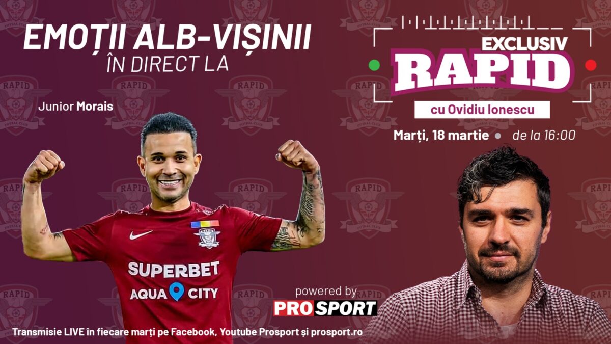 E pauză în liga 1, dar noi nu avem pauză la „EXCLUSIV RAPID”. Junior Morais vine în studio la ora 16:00 și avem câteva surprize pregătite pentru voi, rapidiștii