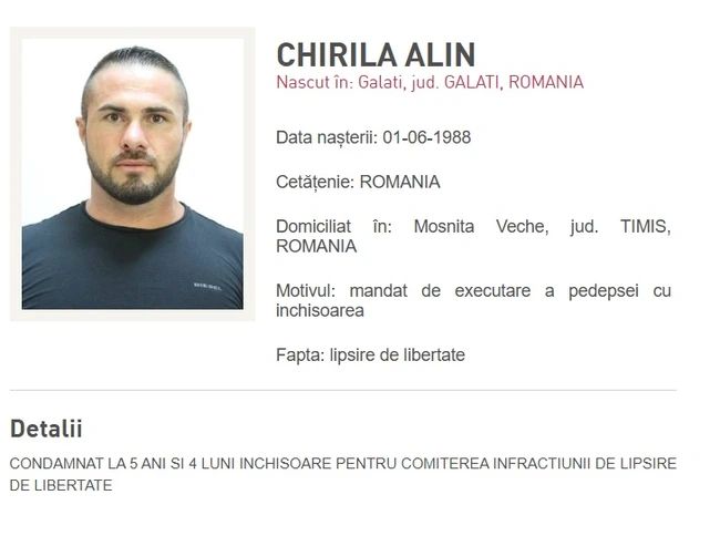 Alin Chirilă este dat în urmărire generală. Sursa foto: Poliția Română