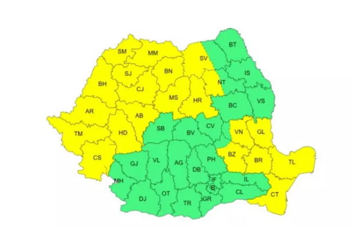 Județele vizate de Cod Galben. Sursă: ANM