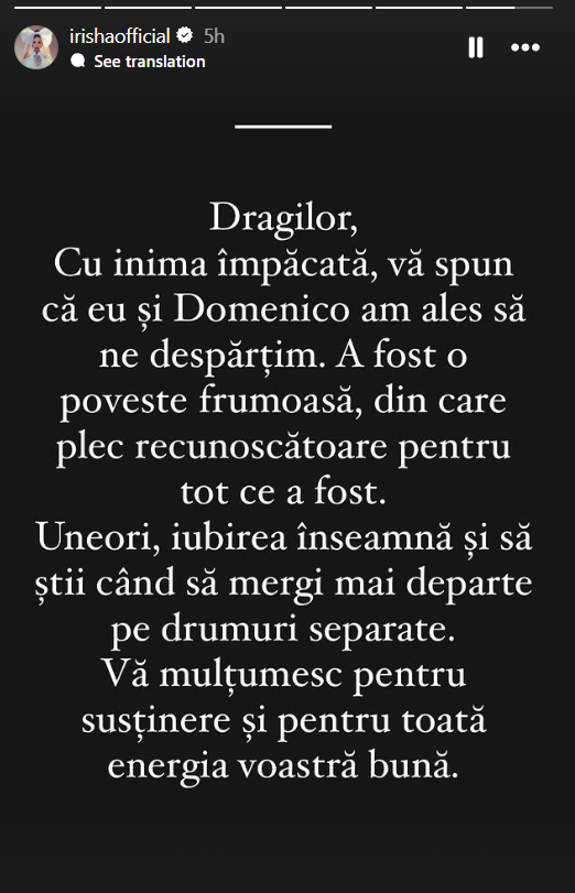Mesajul Irishei. Sursă: Instagram