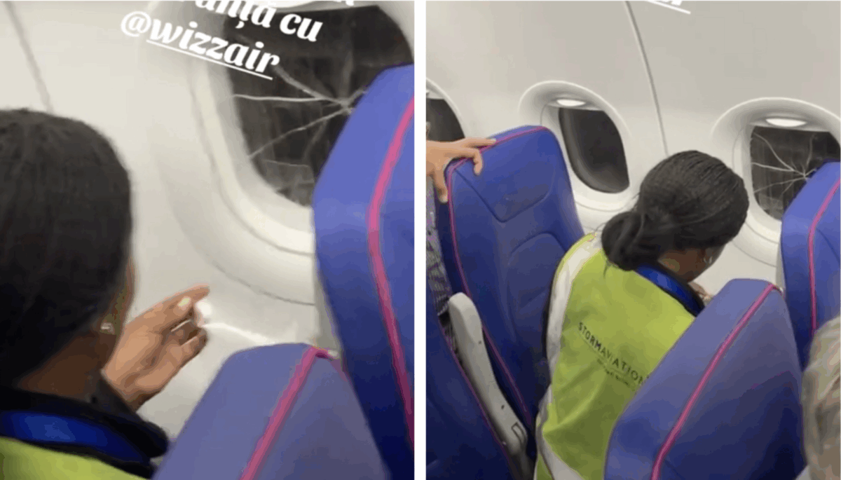 Pasagerii în alertă! Geam spart la Wizz Air, lipit cu scotch înainte de decolare