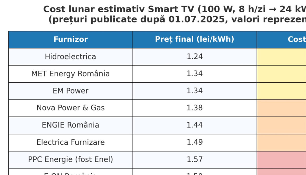 TABEL | Câți lei plătim în fiecare lună pentru un singur televizor smart, în funcție de furnizorul de energie electrică