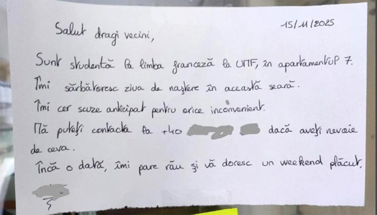 Bilețelul lipit pe afișier prin care o studentă din Cluj și-a anunțat vecinii că „îmi sărbătoresc ziua în această seară”. Ce s-a întâmplat la 23:59