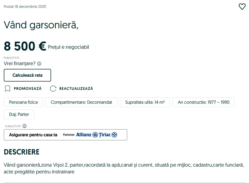 Unde îți poți cumpăra, în România, o garsonieră cu doar 8.500 de euro. Este la parter/ sursă foto: OLX