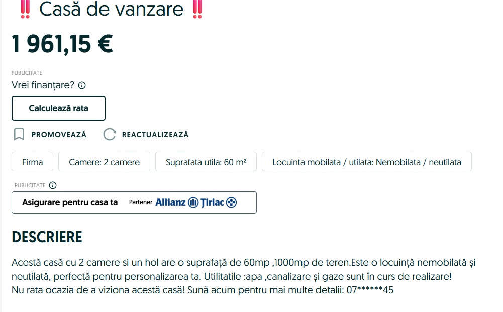 Localitatea din România în care poți cumpăra o casă ci doar 1961 de euro. SURSA FOTO: olx.ro