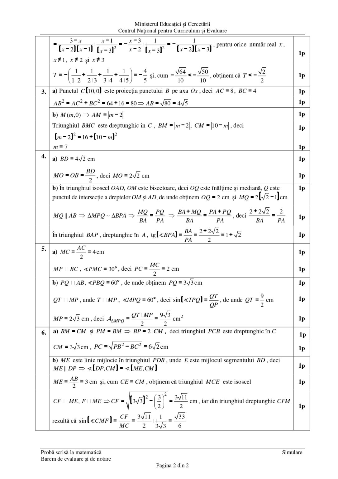 Baremul de corectare al exercițiilor de la simularea Evaluării Nationalle la Matematica 2026. Sursa foto: Ministerul Educației și Cercetării