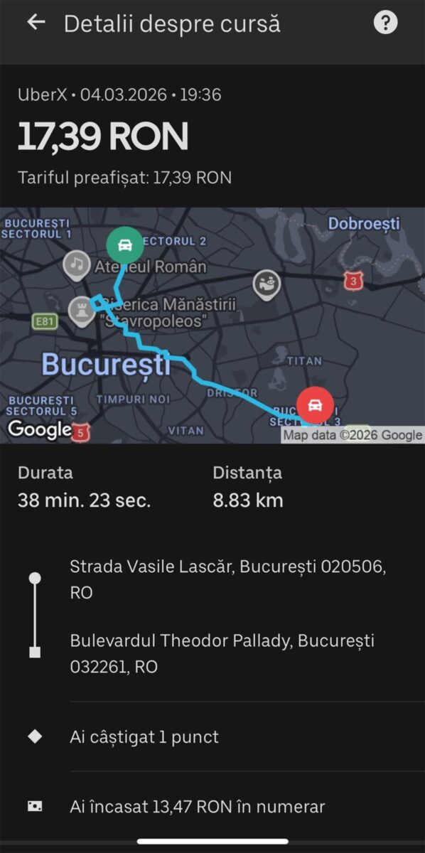Ce bacșiș a primit un șofer Uber, de la un client străin, pentru o cursă de 17 lei în București
