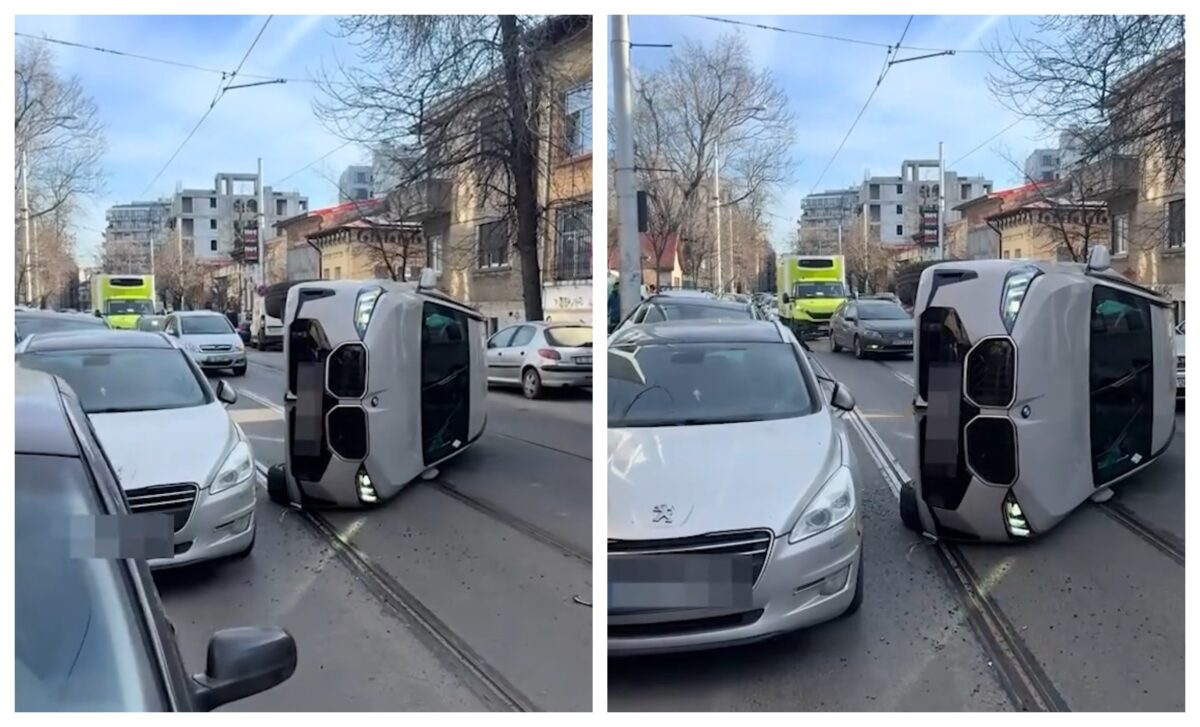 Accident în Sectorul 2 al Capitalei! O mașină s-a răsturnat pe linia de tramvai