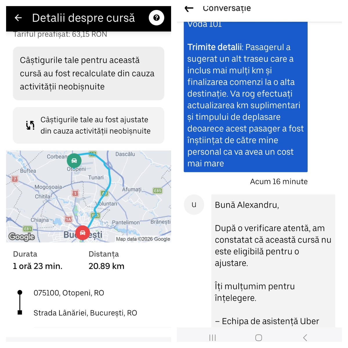 Câți lei a plătit un client Uber, pentru o cursă de 1 oră și 23 de minute, din București la aeroportul Otopeni/sursa foto: facebook
