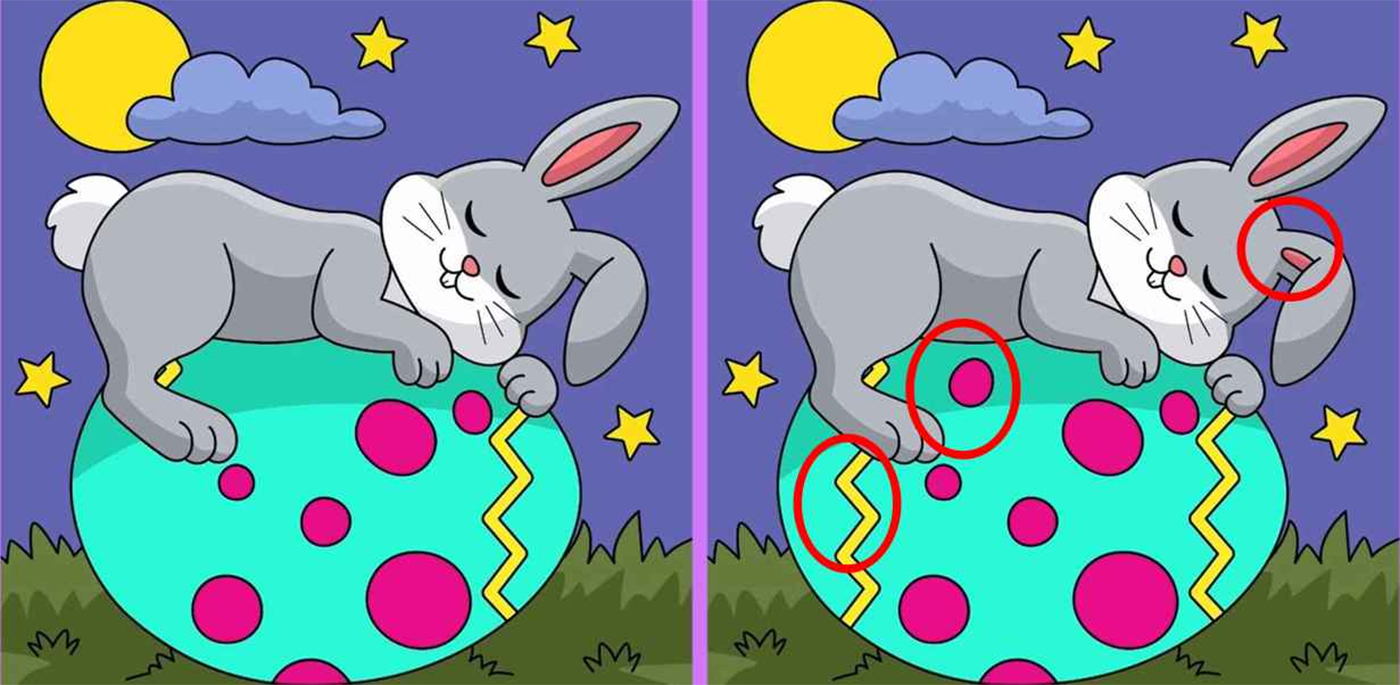 Test de perspicacitate | Acești 2 iepurași de Paște par identici, dar nu sunt. Găsiți 3 diferențe!