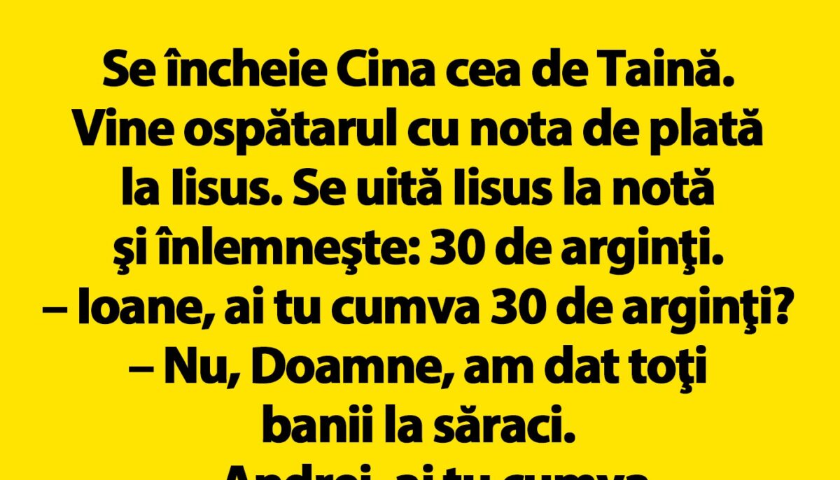 Imagine Stire BANCUL ZILEI | Cine a achitat nota de plată la Cina cea de Taină? | 2review.ro