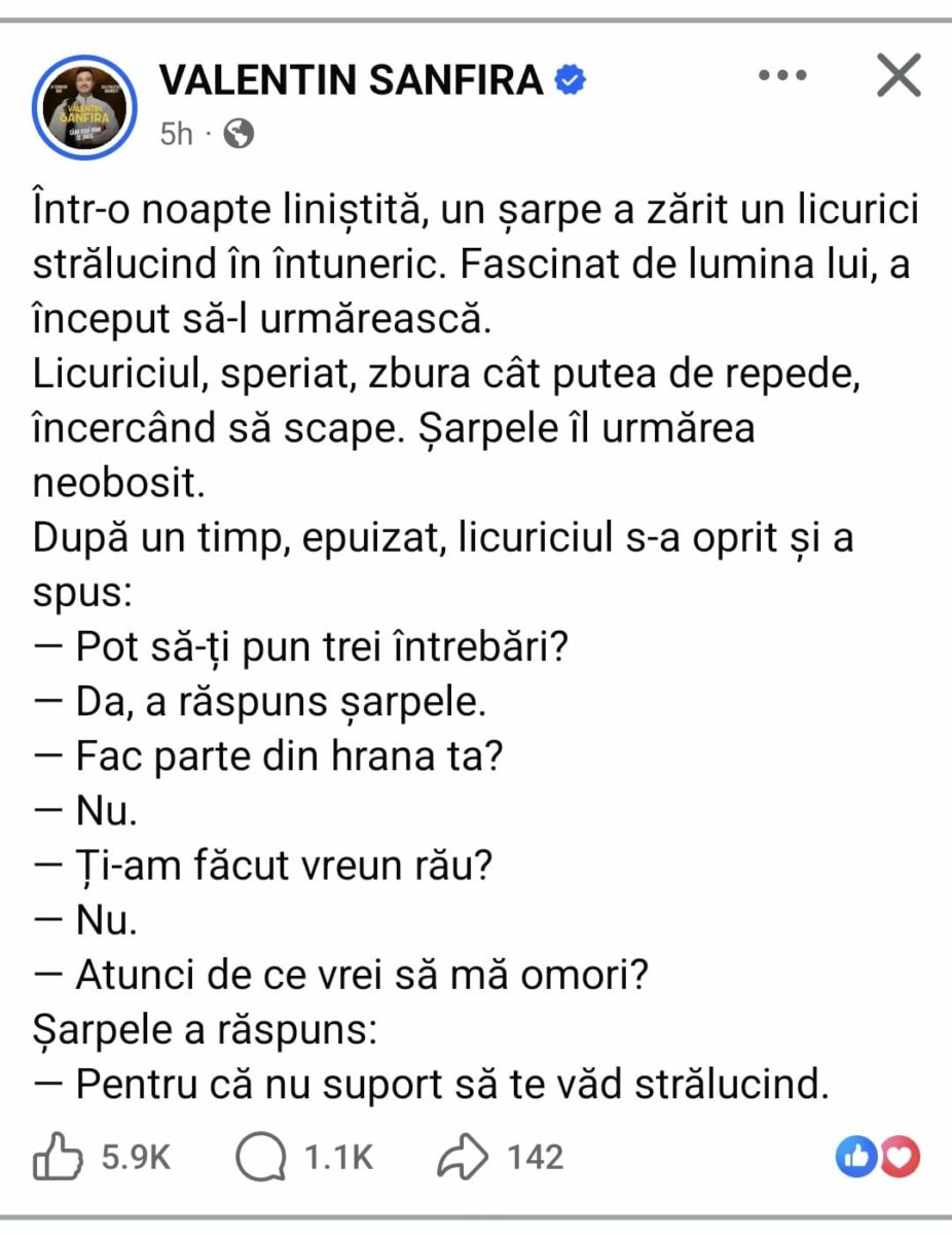 Postarea făcută de Valentin Sanfira