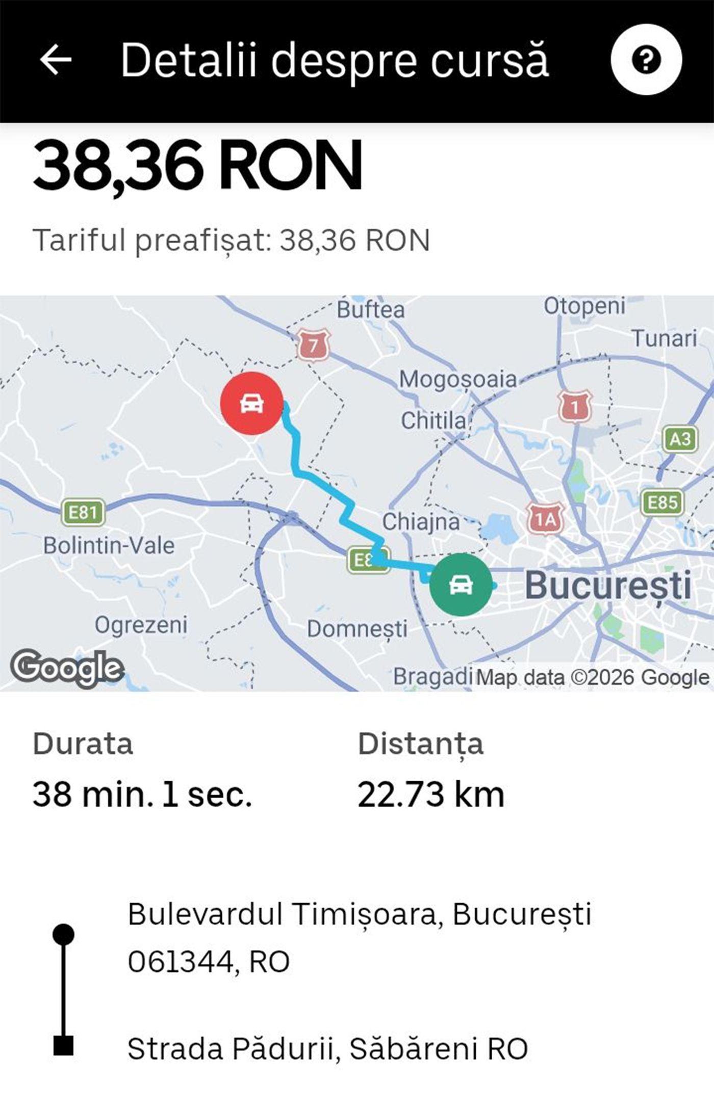 Câți bani a primit un șofer Bolt, pentru o cursă din București până în satul Săbăreni din județul Giurgiu