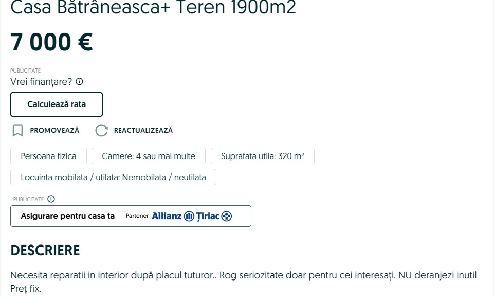 Localitatea din România în care poți cumpăra o casa tradițională cu doar 7000 de euro. Terenul are 1900 de metri pătrați 