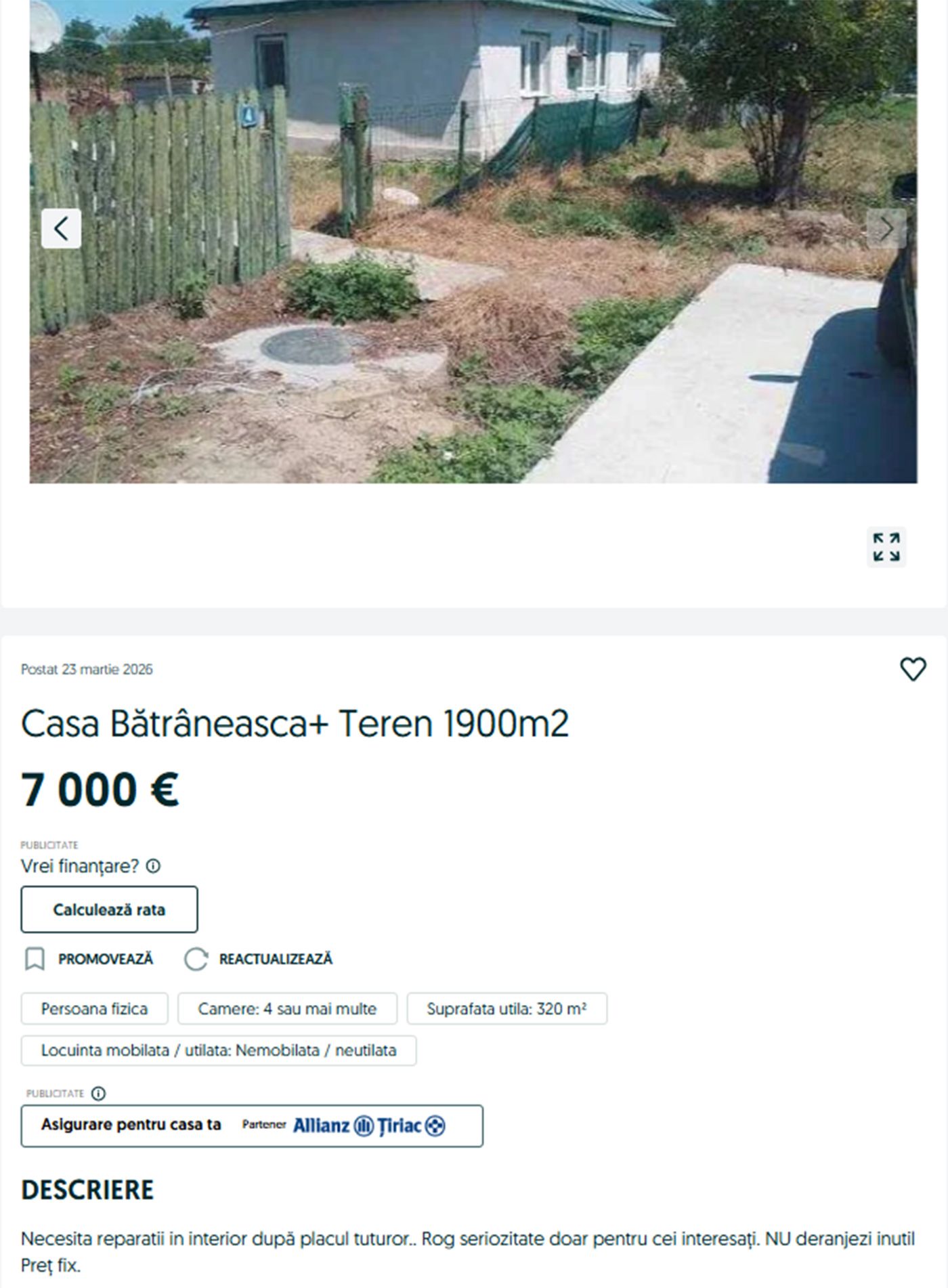 Orașul din România în care o casă costă doar 7 000€ în aprilie 2026. Se vinde cu un teren de 1.900 mp