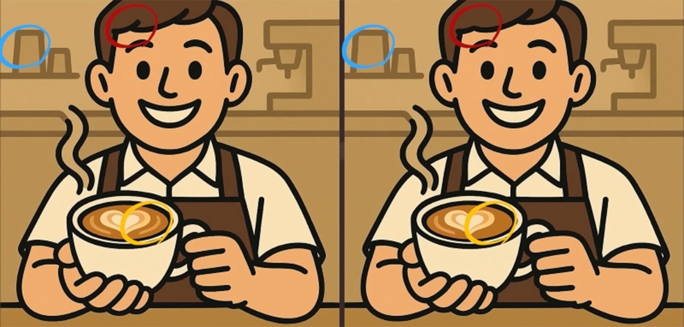 Test de logică | Acești 2 barista par identici, dar nu sunt. Găsiți toate cele 3 diferențe!