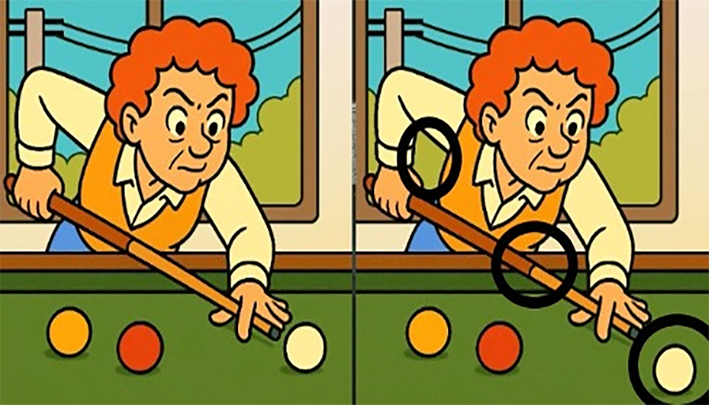 TEST IQ | Ești un geniu dacă poți identifica toate cel 3 diferențe între acești doi bărbați care joacă biliard, în maximum 23 de secunde