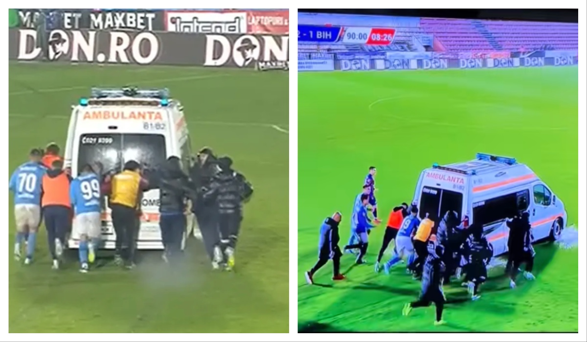 Imagine Stire Momente penibile, pe un teren de fotbal din România. Ambulanța, obligată să intervină de urgență, împinsă pe gazon | 2review.ro