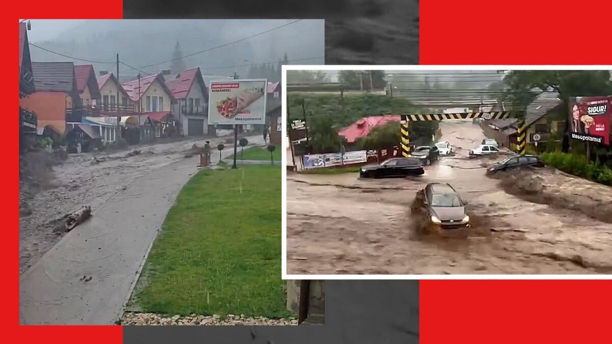 Dezastru la Bușteni după o rupere de nori. Puhoaiele au măturat mașini din calea lor