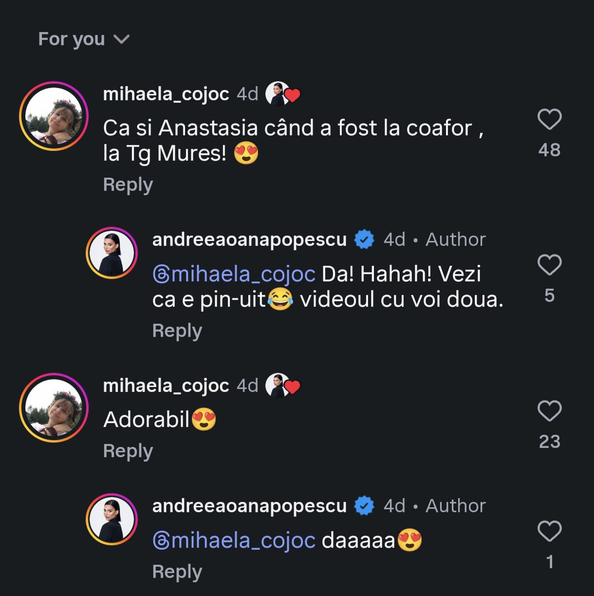 Andreea Popescu și fosta soacră interacțiune pe Instagram/ sursă foto: Instagram