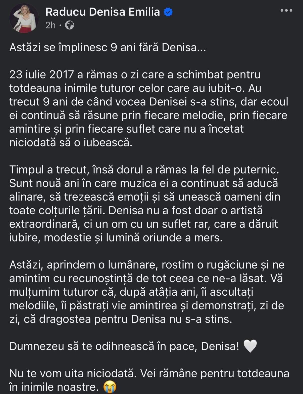 Au trecut 9 ani de la moartea Denisei Răducu. Mesajul sfâșietor apărut pe pagina artistei