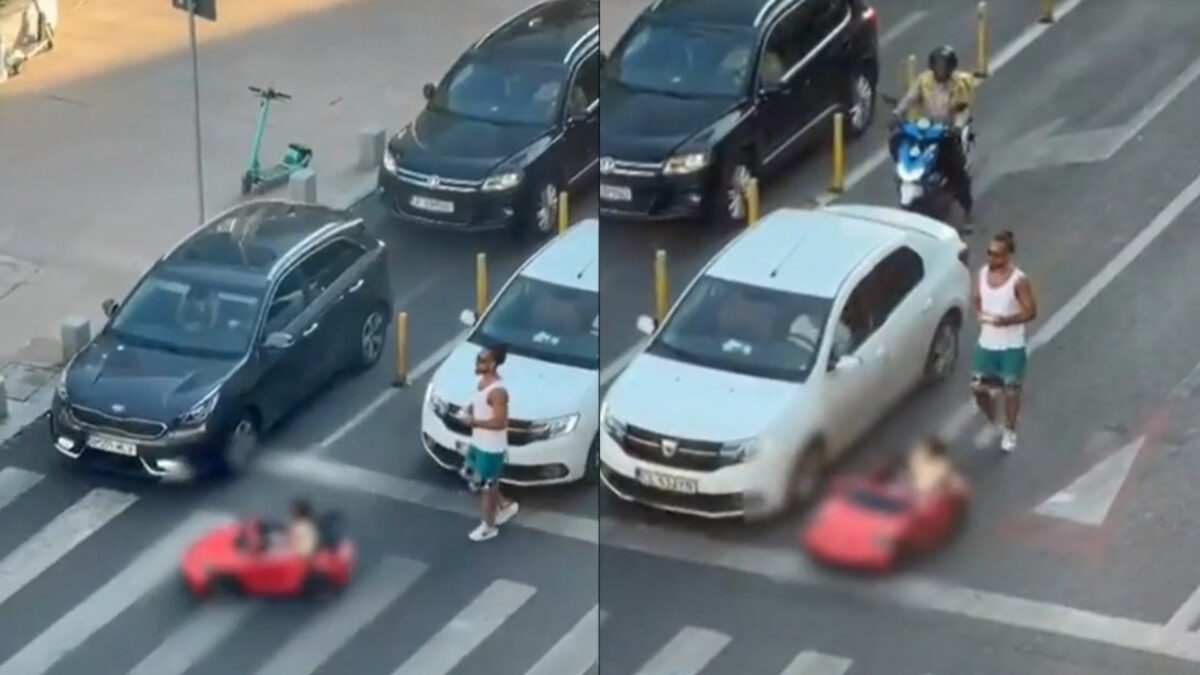 Un tată și-a plimbat fiica pe șosea, în plin trafic, într-o maşină electrică de jucărie. Ce amendă riscă