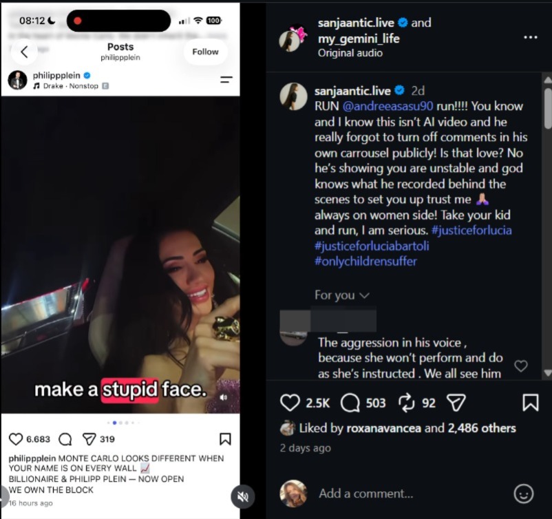 Ce a observat o influenceră la Philip Plein: „Fugi, Andreea Sasu, fugi! Le arată tuturor că ești instabilă”