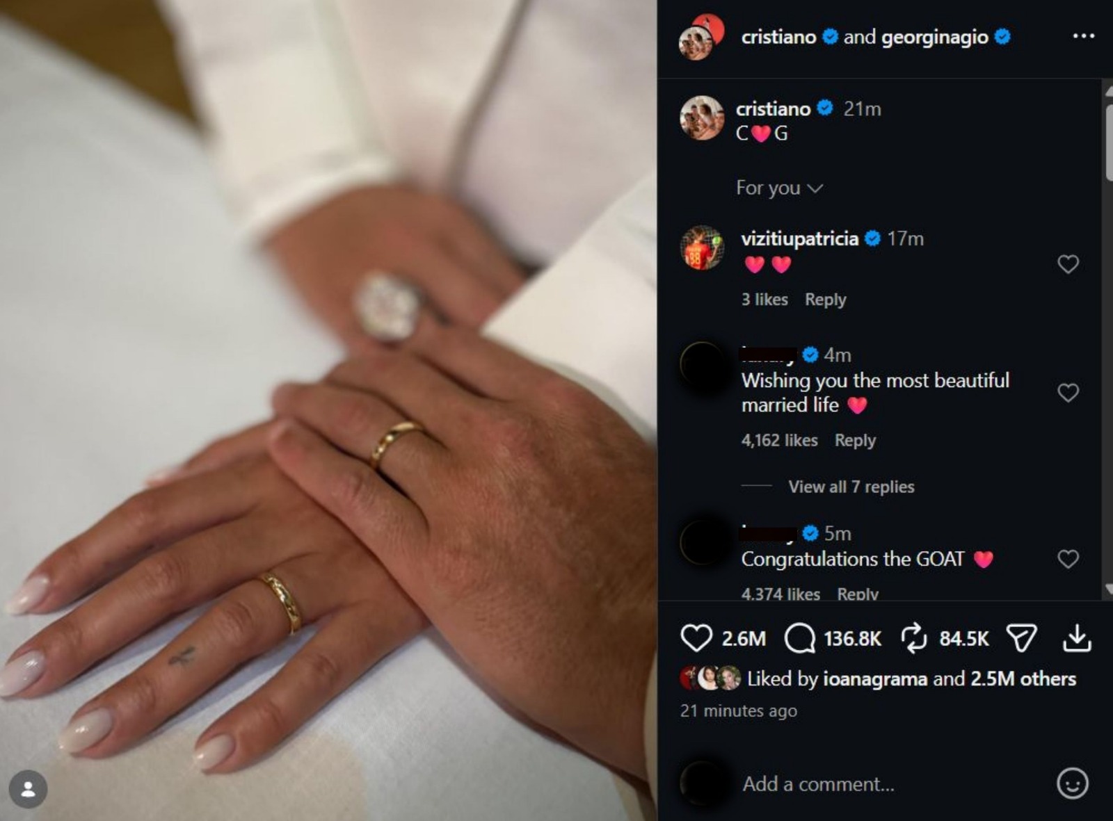 Cristiano Ronaldo și Georgina Rodríguez s-au căsătorit în Portugalia! Prima imagine de la eveniment a strâns 2,5 milioane de likeuri în 20 de minute