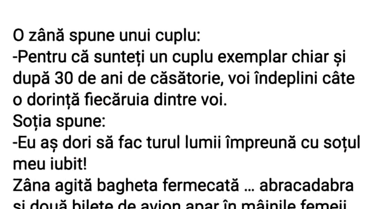 BANC | O zână spune unui cuplu: „Voi îndeplini o dorință fiecăruia dintre voi”