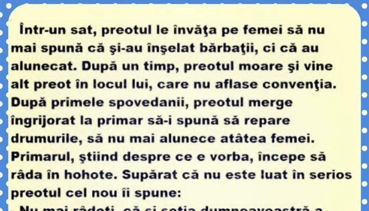Bancul de weekend | Într-un sat, preotul le învață pe femei ce să spună după ce înșală