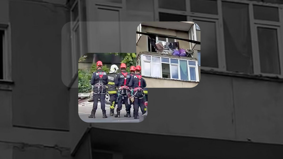 Imagini de pe Bulevardul Tineretului, unde un balcon s-a prăbușit peste o mașină parcată. Pompierii au intervenit de urgență